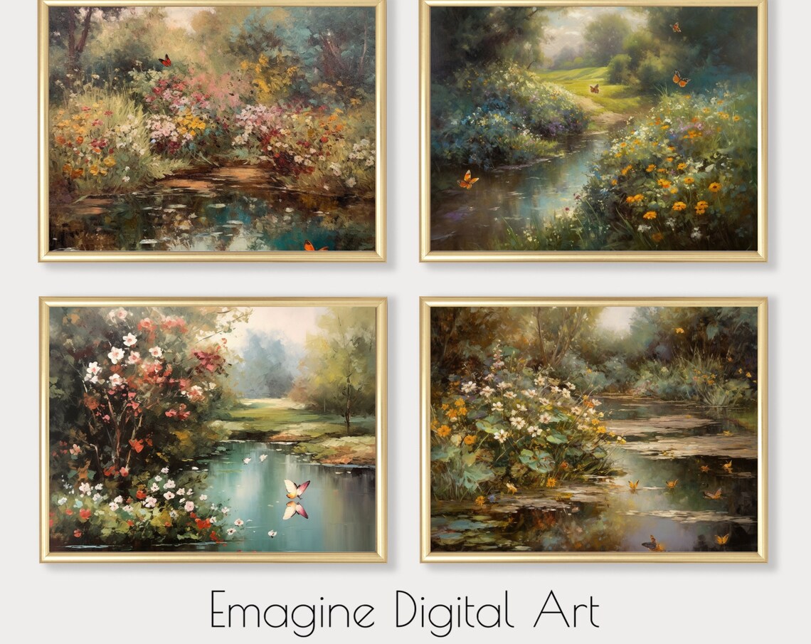 Country Stream Wildflowers Butterflies Set of 4 Impressionist Art Poster