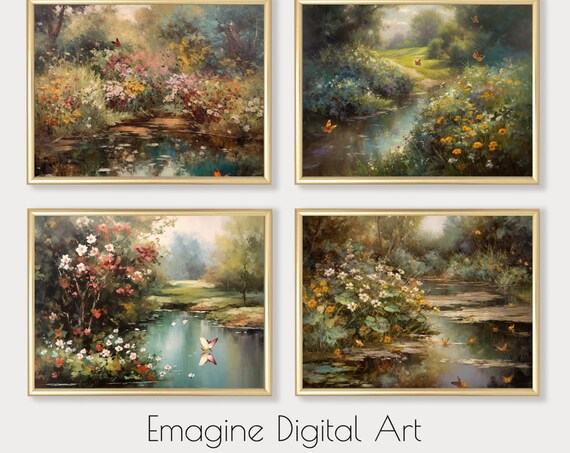 Art Set Of 4 Country Stream Wildflowers Butterflies Floral Wall Decor To Print Frame Fl02