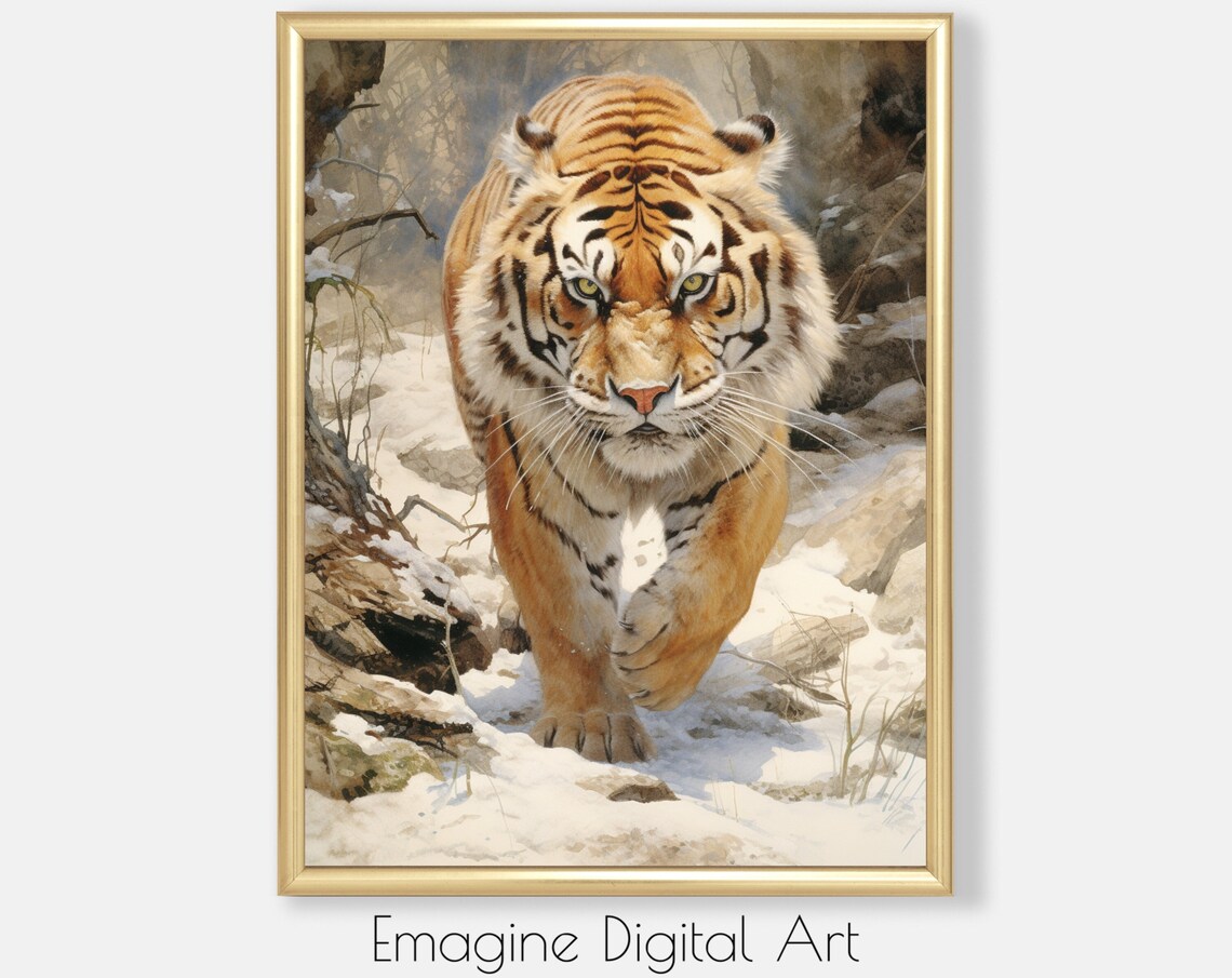 Siberian Tiger Prowling in Snow Winter Wildlife Painting Art Poster