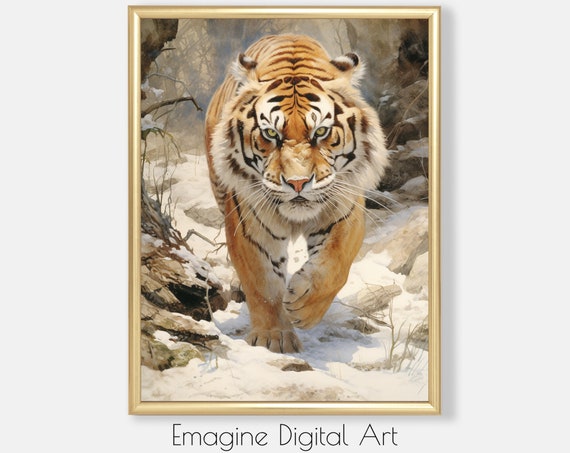 Art Siberian Tiger Prowling In Woods Painting Wildlife Wall Decor To Instantly Print And Frame Wl60
