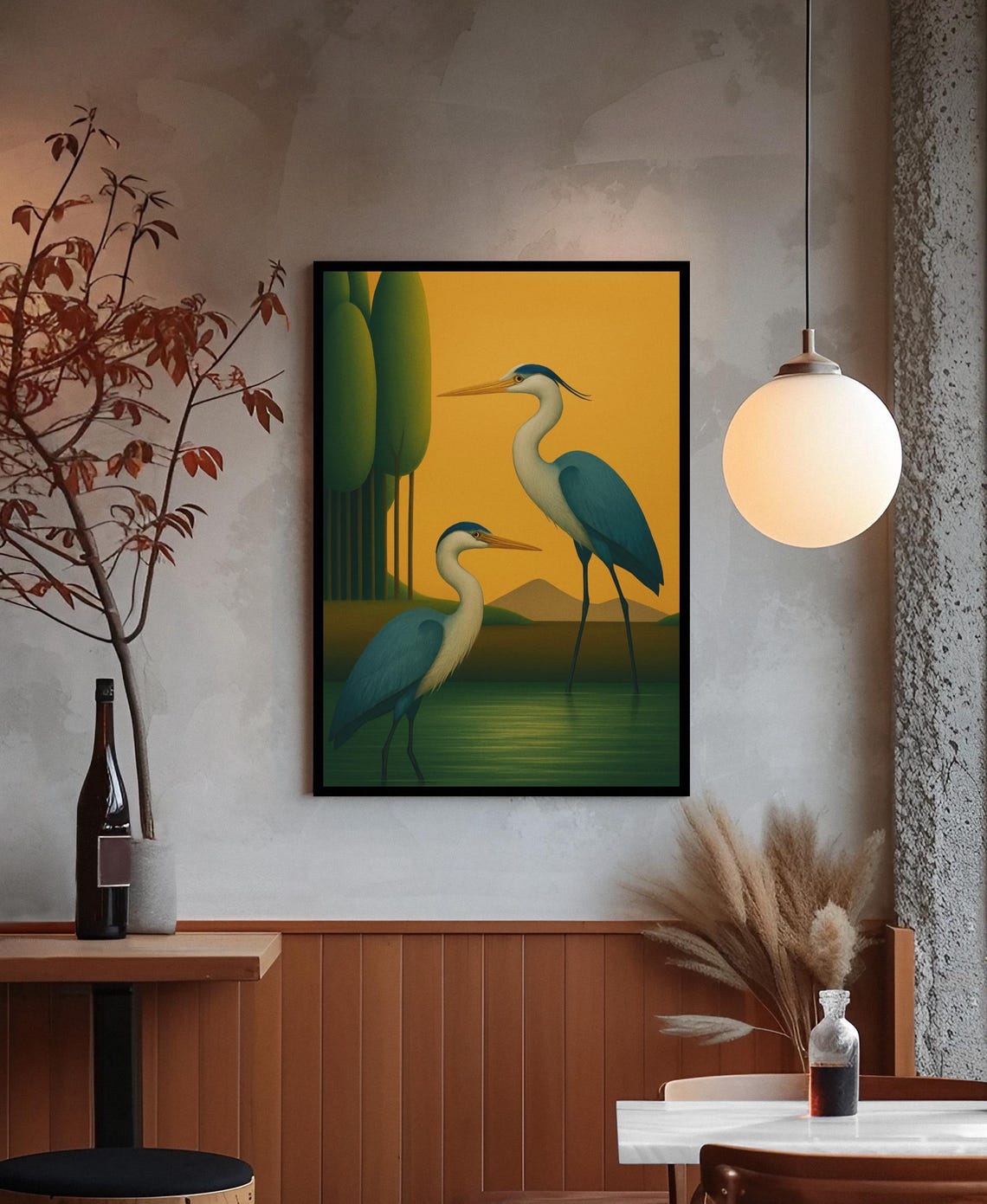Blue Heron Pair Midcentury Modern Sunset Wetland Bird Art Print
