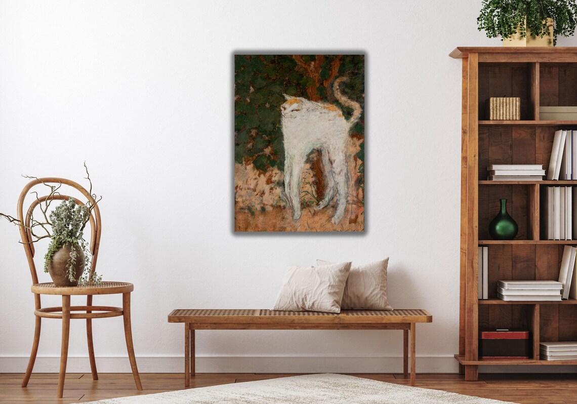 White Cat Stretching by Tree Vintage Impressionist Animal Painting Poster - Image 2