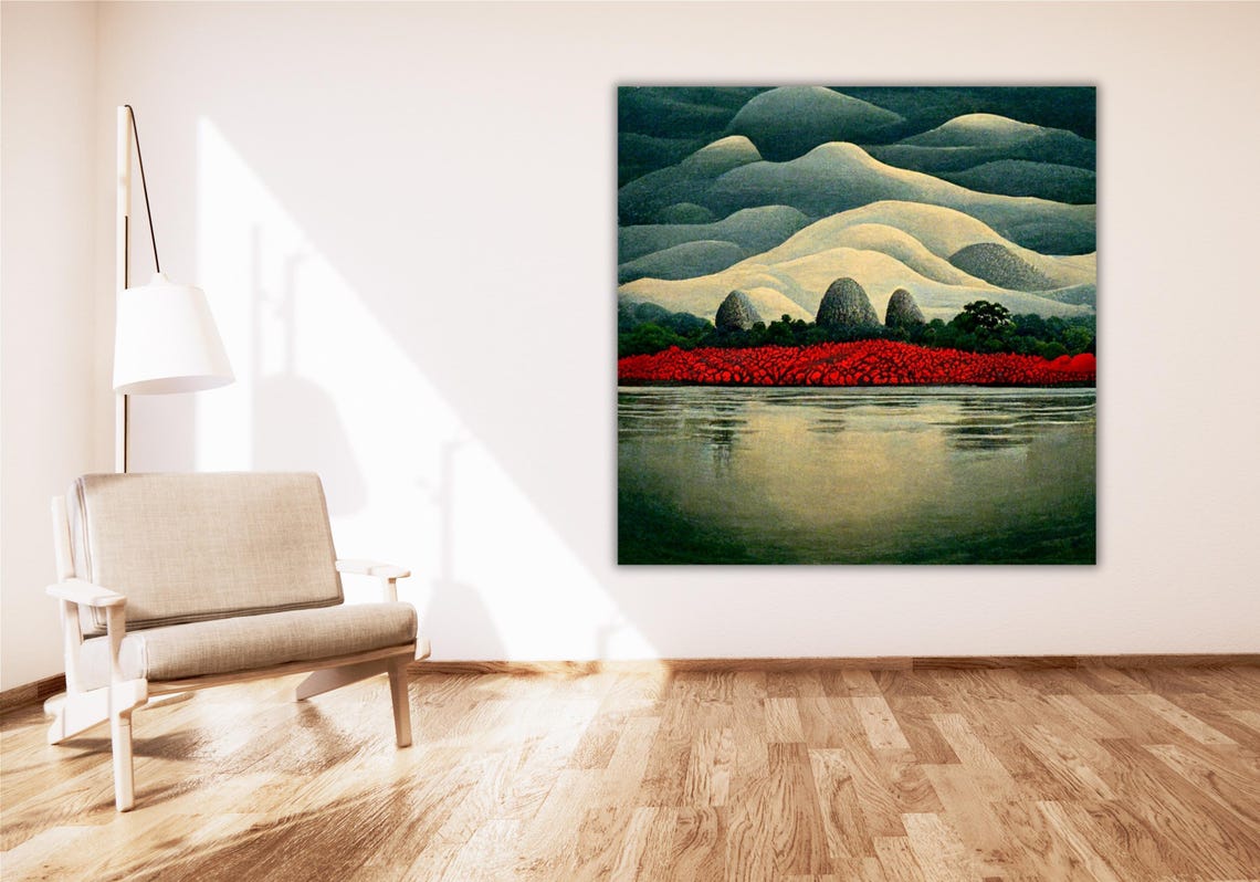 Moonlit Desert Dunes Red Poppy Field Lake Reflection Landscape Poster - Image 2