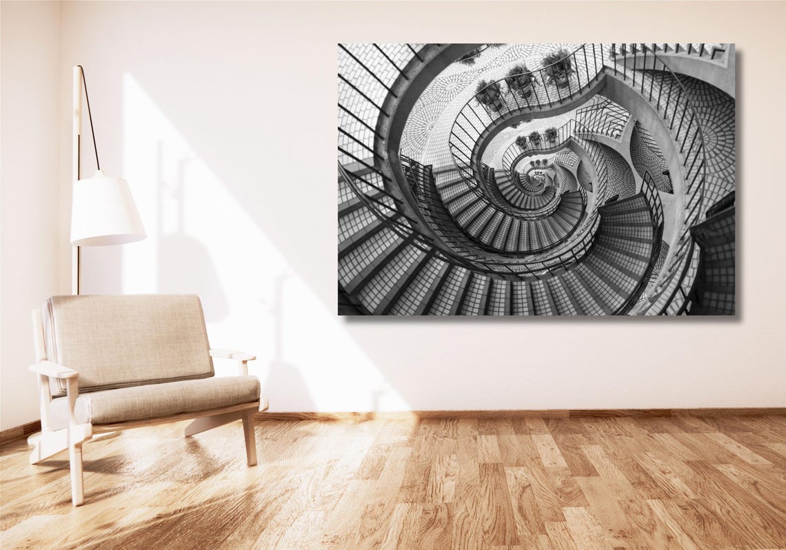Spiral Staircase From Above Black and White Architectural Photo Poster - Image 2