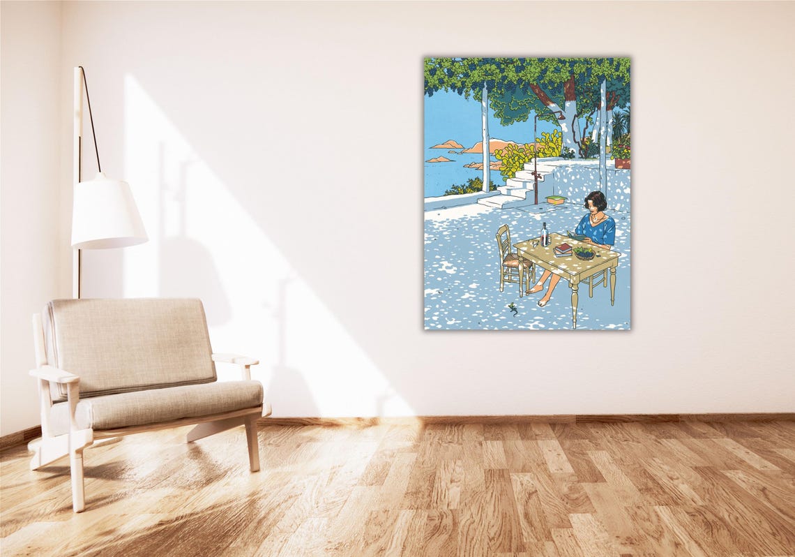 Woman Reading on a Sunlit Mediterranean Terrace Seaside Poster - Image 3