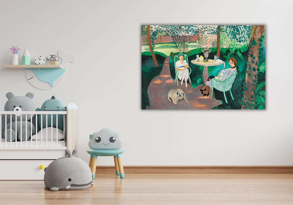 Fauvist Garden Tea Party Two Women and Dog Bold Color Painting Poster