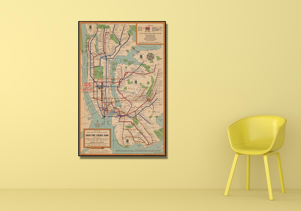 Vintage New York City Subway System Map Union Dime Bank Poster - Image 3