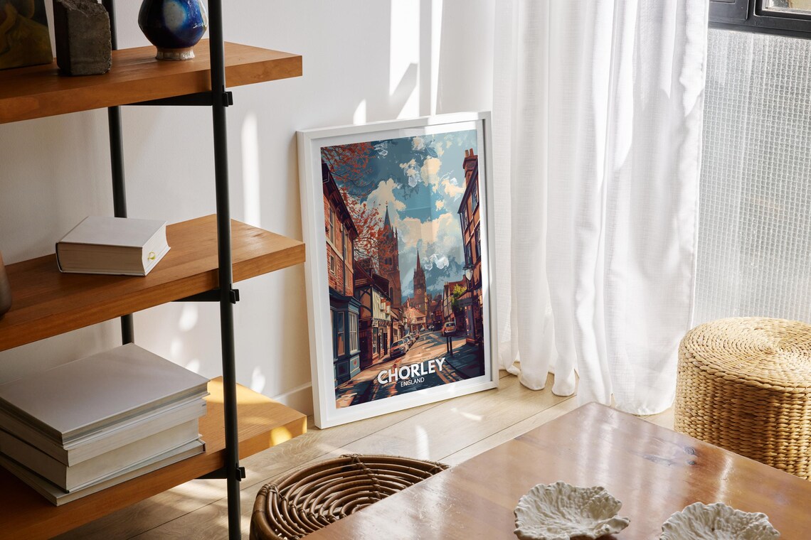 Chorley England Travel Poster Historic Street Church Spire Scene - Image 2