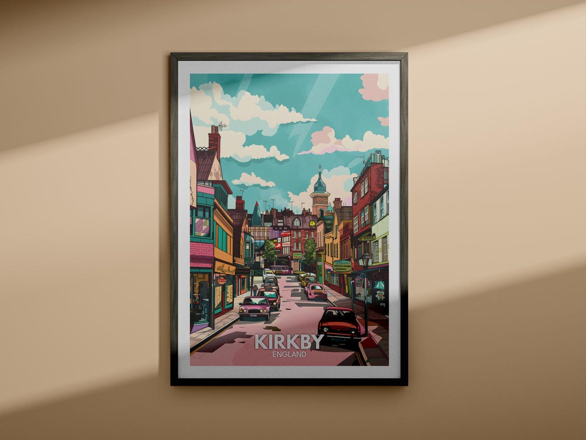 Kirkby England Colorful High Street Clock Tower Travel Poster - Image 4