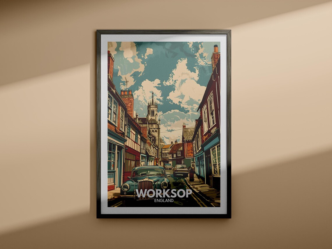 Worksop England Historic Market Town Street Classic Car Poster - Image 4