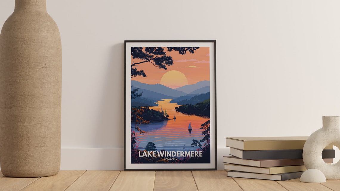 Lake Windermere Sunset Sailboats Mountain Peaks Lake District Poster - Image 3