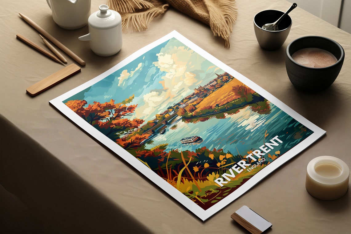 River Trent England Autumn River Boat Bridge Golden Scene Poster - Image 2