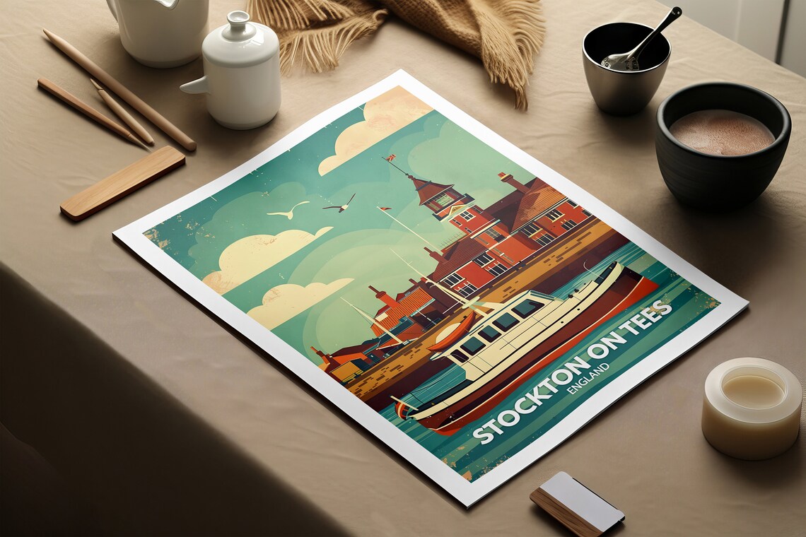Stockton On Tees England Harbour Fishing Boat Sunset Vintage Poster - Image 2
