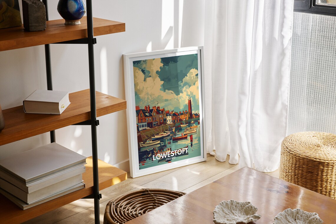 Lowestoft England Harbor Travel Poster Lighthouse Boats Illustration - Image 2