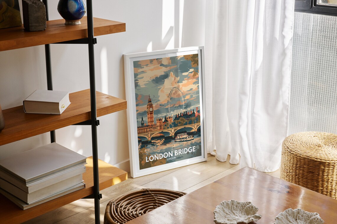 London Big Ben and London Eye Thames Sunset Vintage Travel Poster - Image 2