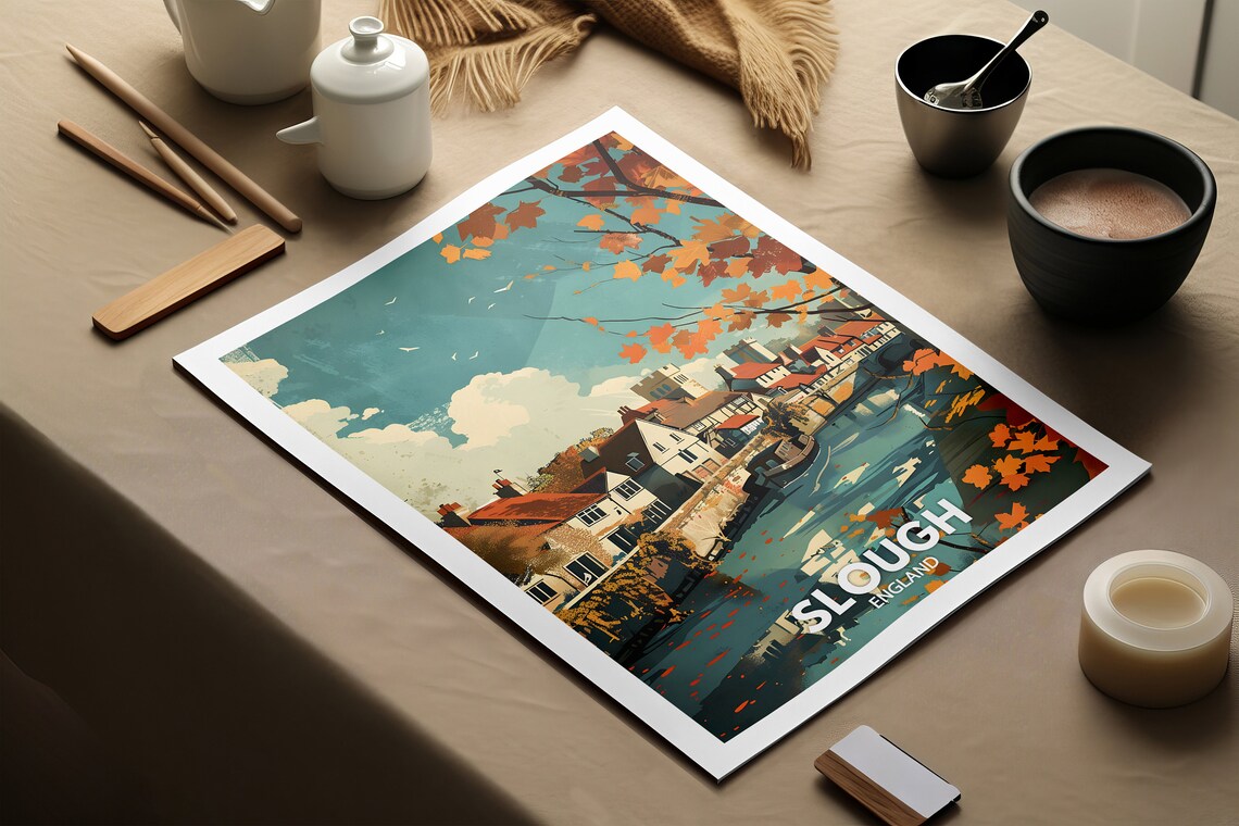 Slough Autumn Riverside Cottages Berkshire Village England Poster - Image 2