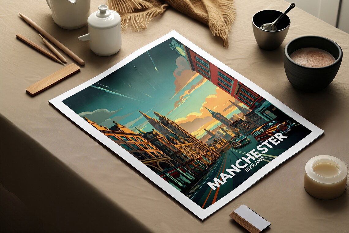 Manchester England Twilight Cityscape Clock Tower Tram Travel Poster - Image 2