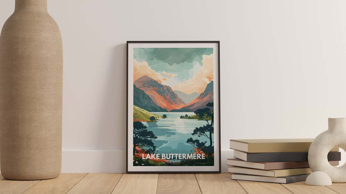 Lake Buttermere Lake District England Golden Sunset Vintage Poster - Image 3