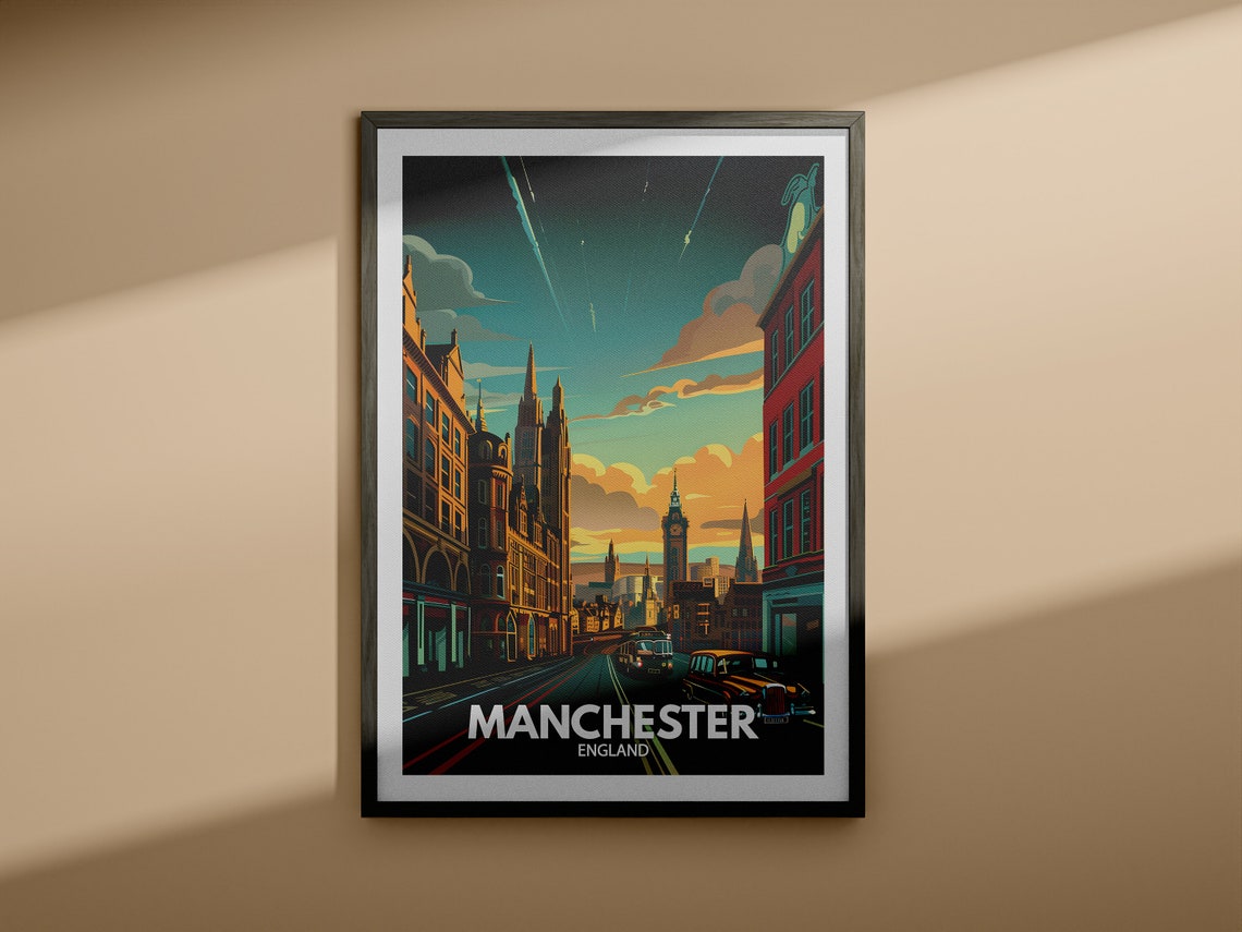 Manchester England Twilight Cityscape Clock Tower Tram Travel Poster - Image 4