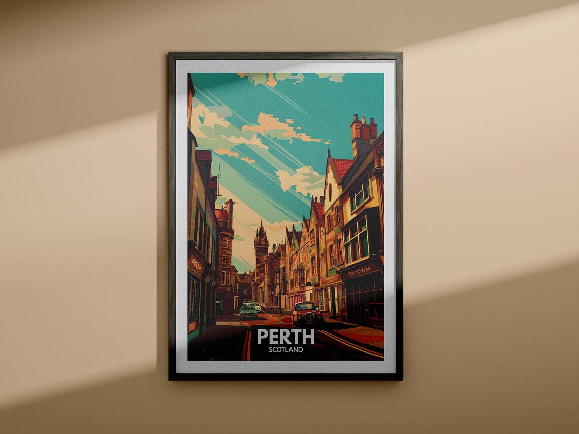 Perth Scotland City Street Classic Cars Church Tower Travel Poster - Image 4