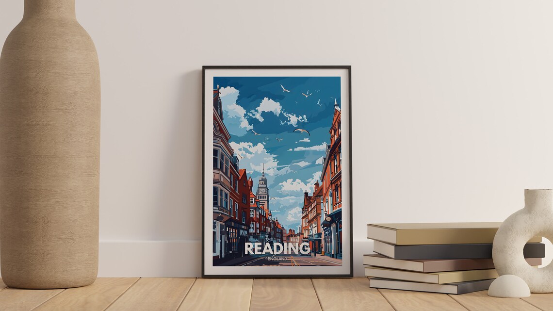 Reading England Vintage Busy High Street Clock Tower View Poster - Image 2
