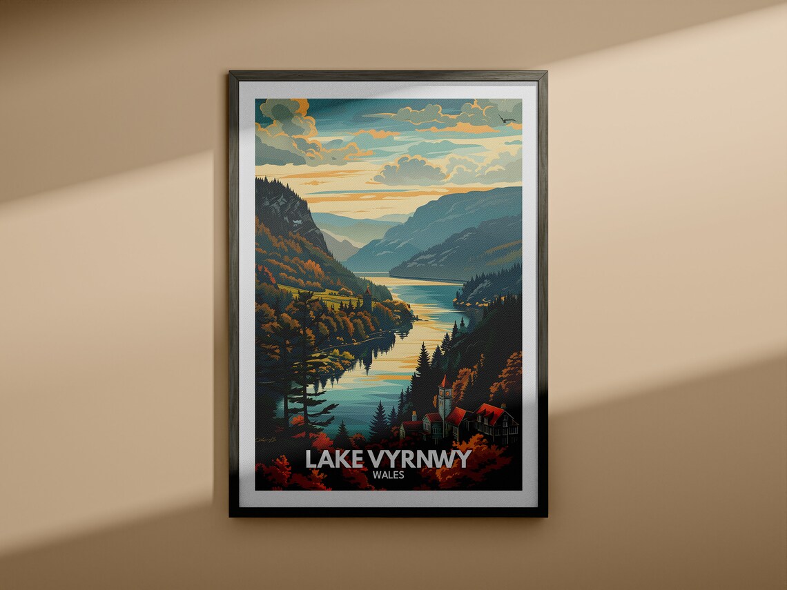 Lake Vyrnwy Wales Mountain Lake Red Roofed Building Vintage Poster - Image 4