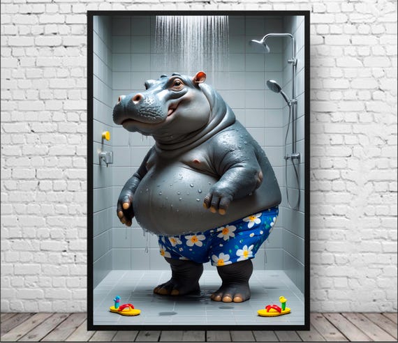 Hippo Bathroom Art Print Hippopotamus Wall Housewarming Gift Trendy For Animal Lover