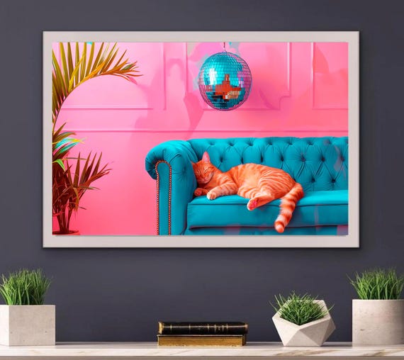 Cute Cat With Disco Ball Art Ptint Quirky Wall Retro For Depamine Decor Nursery Lover Birthday Gift