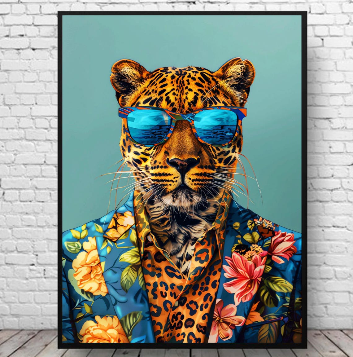 Cool Leopard With Sunglasses Floral Shirt Animal Portrait Poster