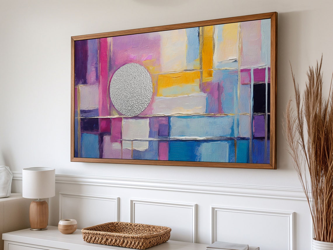 Colorful Abstract Geometric Silver Circle Modern Jewel Tone Wall Art - Image 3