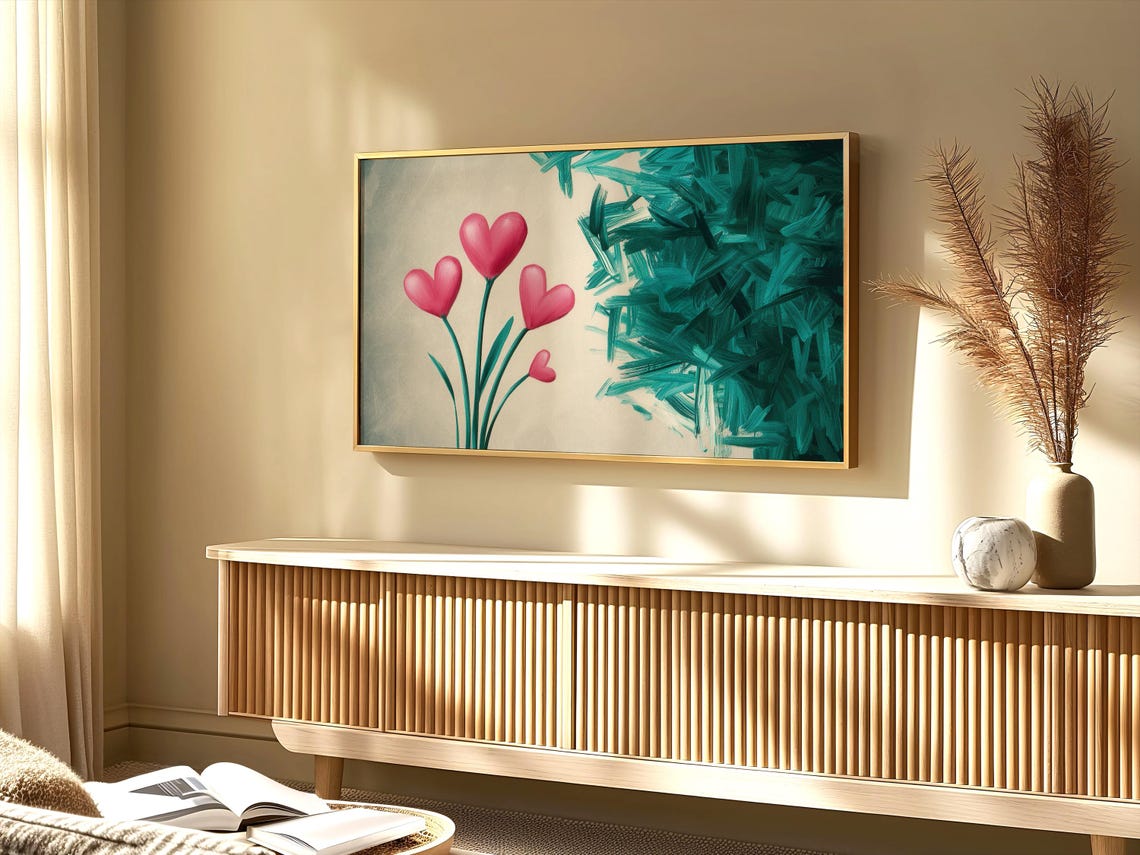 Pink Heart Flowers Teal Green Abstract Romantic Valentine Poster - Image 2