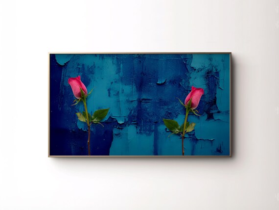 Moody Frame Tv Art Valentine Flowers Textured Blue Pink Roses Abstract Floral Winter Artwork Vintage Romantic Art For Tv