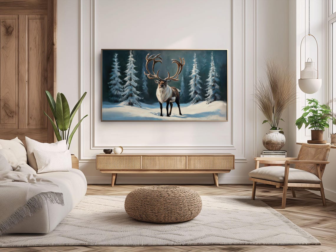 Reindeer Snowy Pine Forest Nordic Winter Landscape Painting Art Poster - Image 3