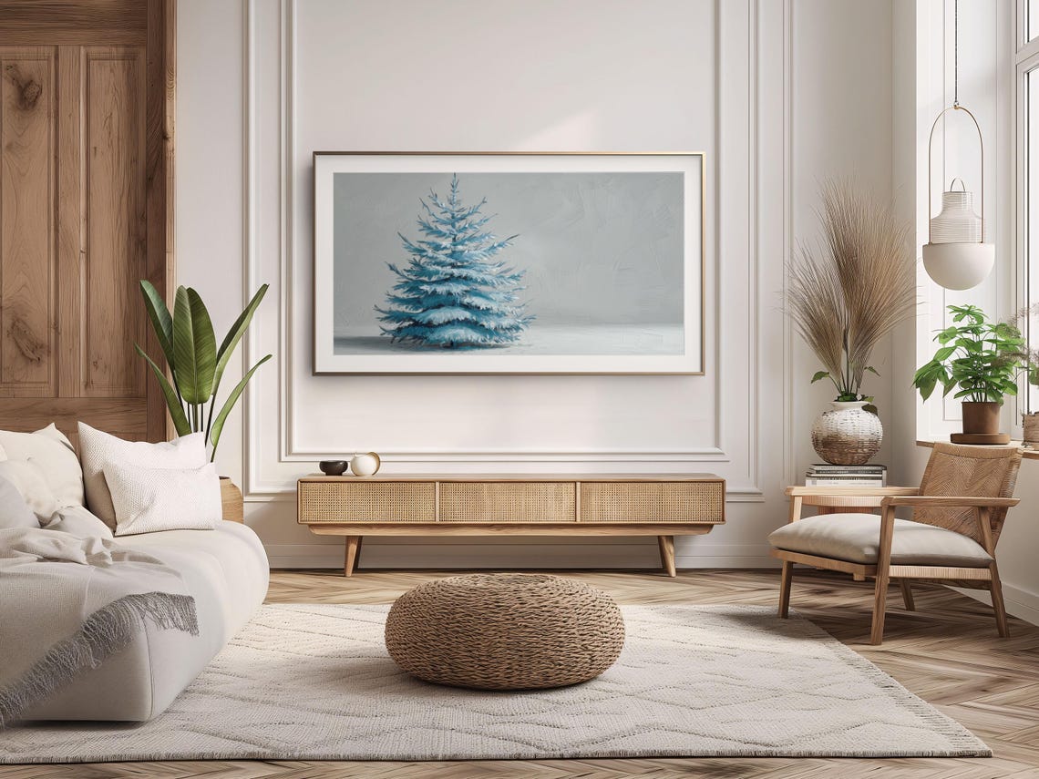 Muted Blue Christmas Tree Painting Snowy Winter Minimalist Art Poster - Image 3
