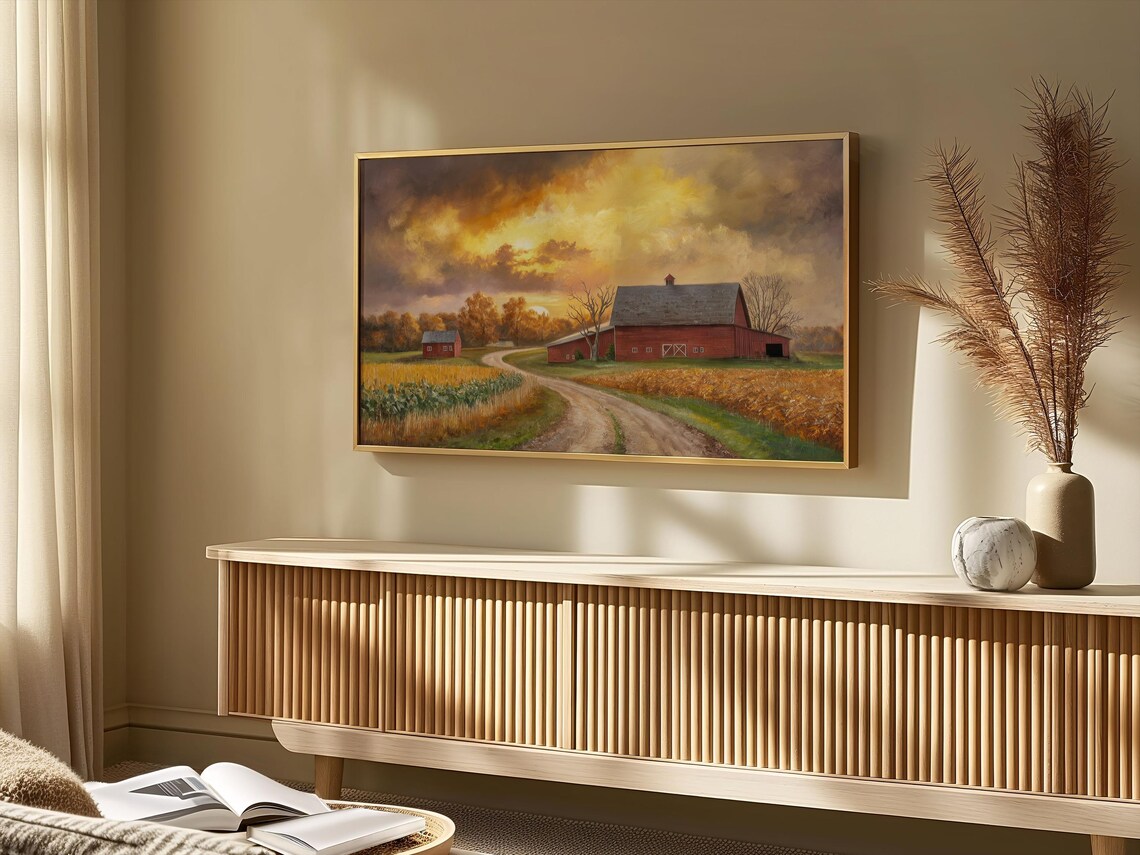 Red Barn Golden Sunset Dirt Road Country Farmhouse Autumn Art Poster - Image 4