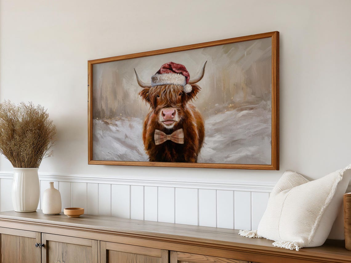 Highland Cow Santa Hat Plaid Bow Tie Snowy Christmas Painting Poster - Image 4