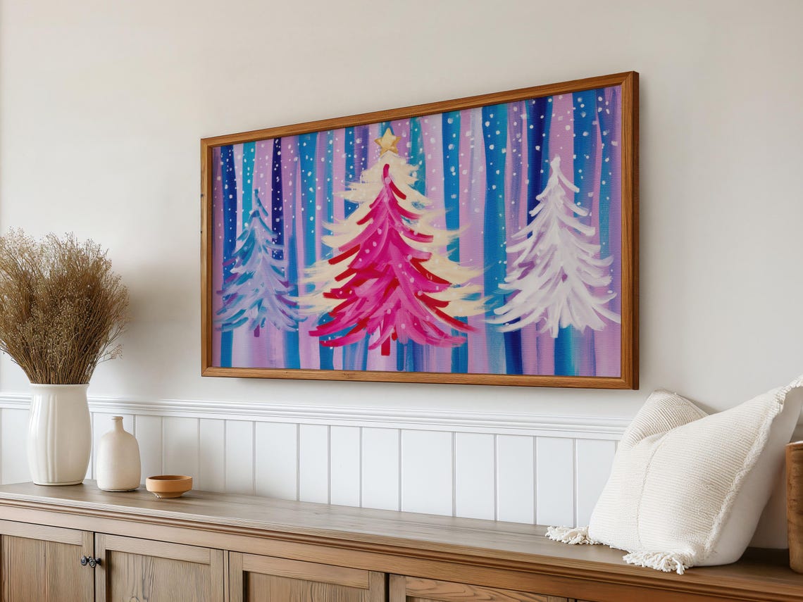 Pink Blue White Whimsical Christmas Trees Snowy Abstract Poster - Image 3