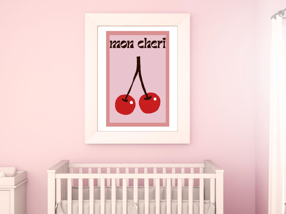 Mon Cheri Pink Cherry Art Print Cute Nursery Wall Decor Sweet Baby Room Kitchen Girlfriend Gift