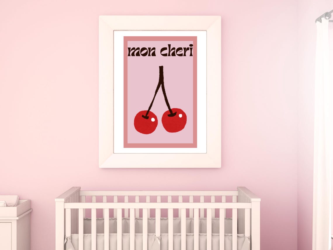 Mon Cheri Pink Cherry Cute Nursery Decor Adorable Cherry Art Print