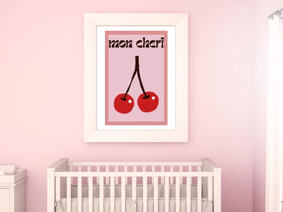 Mon Cheri Pink Cherry Art Print Cute Nursery Wall Decor Sweet Baby Room Kitchen Girlfriend Gift