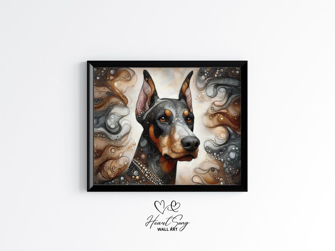 Doberman Blue Marble Alcohol Ink Dog Portrait Decorative Poster