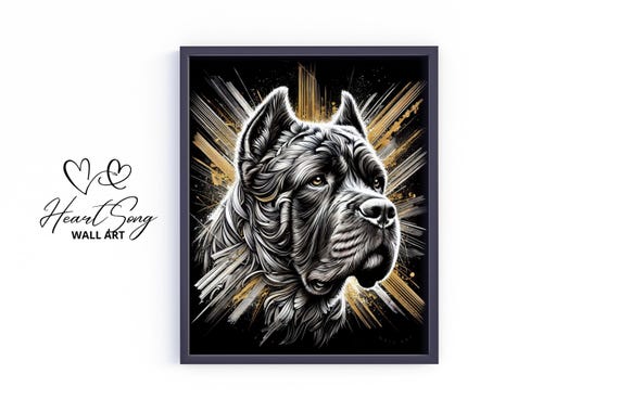 Cane Corso Dog Wall Art Moody Black And Gold Portrait Vintage Pet Print Elegant Stylish Home Decor 347