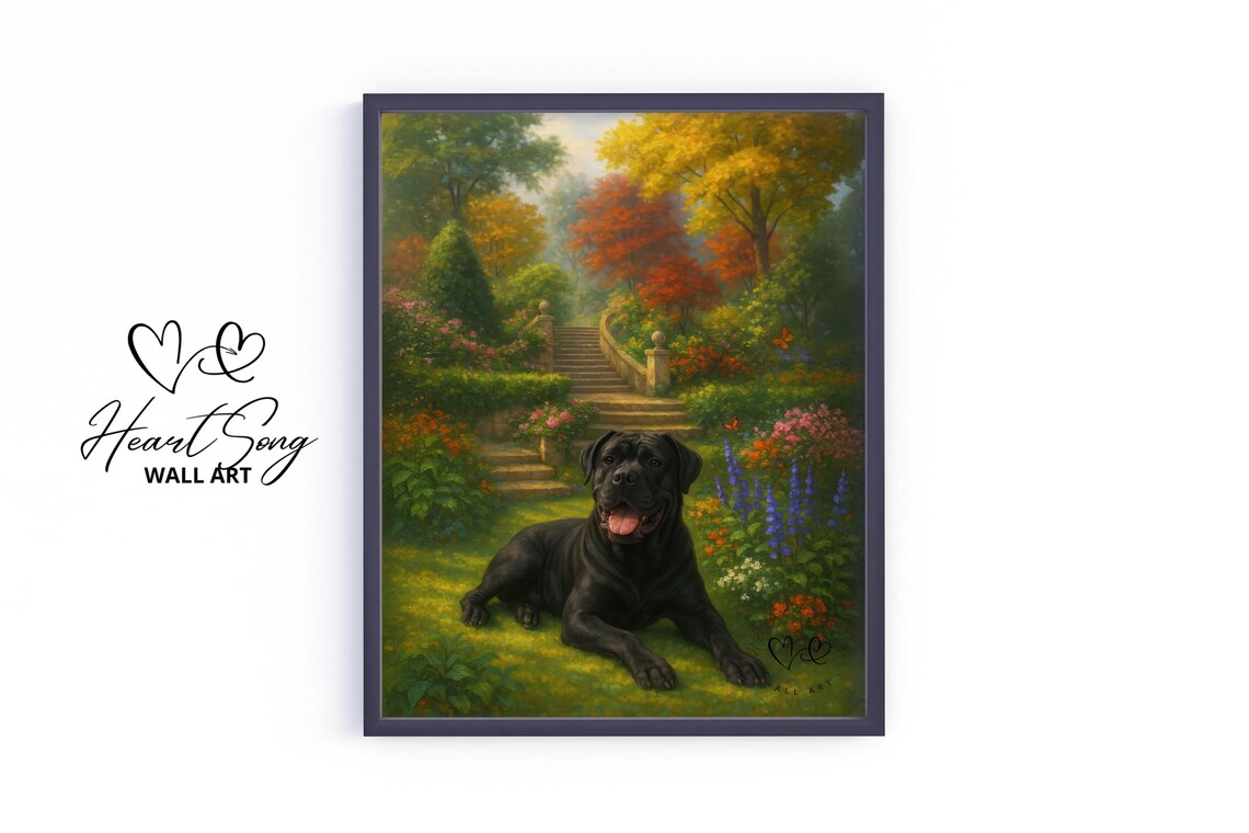 Big Black Cane Corso Resting In Golden Autumn Garden Dog Art Portrait Poster