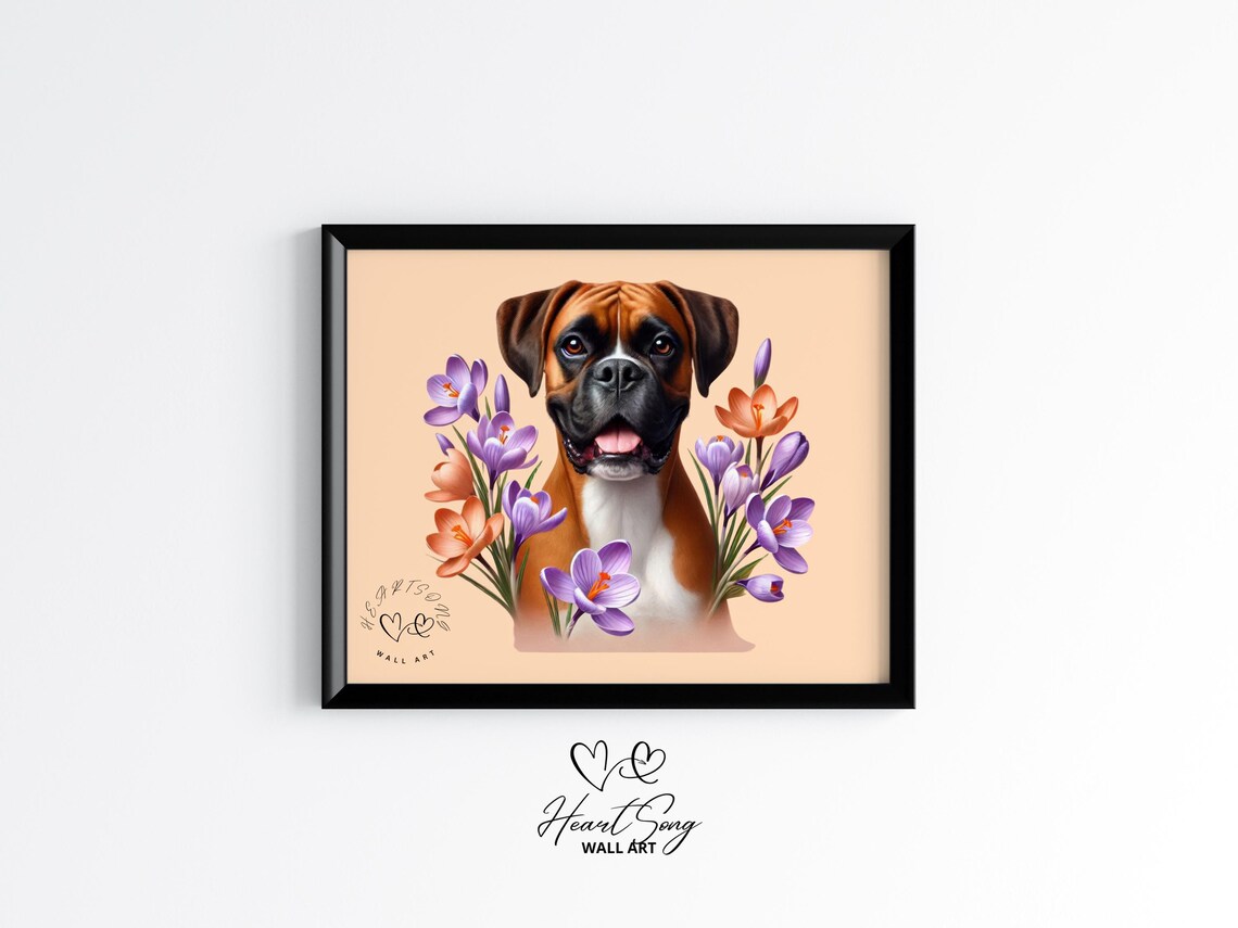 Fawn Boxer Dog Portrait Purple Crocus Flowers Floral Dog Art Poster