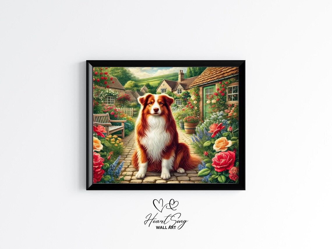Red Australian Shepherd Dog Cottage Garden Roses Wall Poster