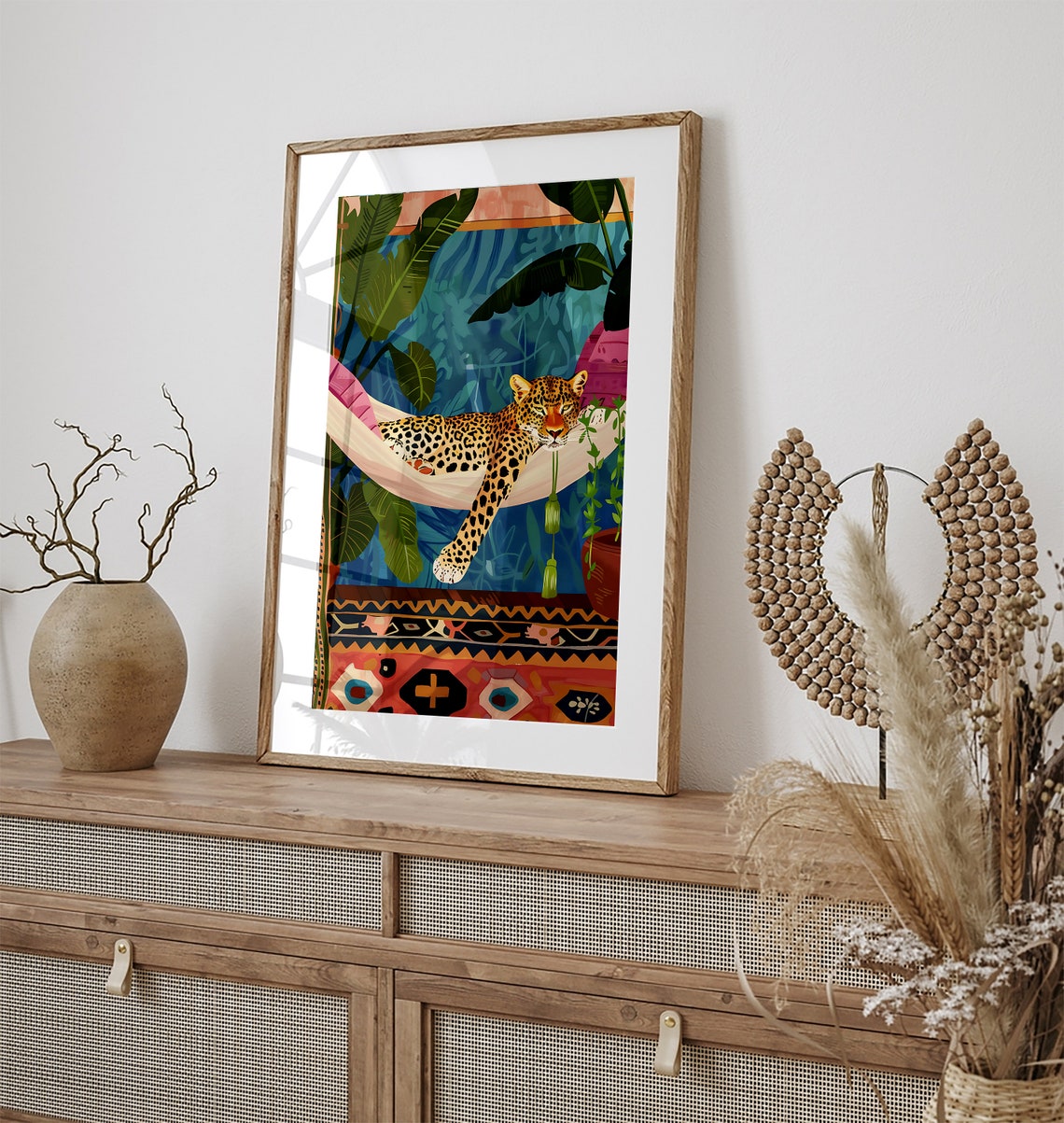 Lazy Leopard Lounging Hammock Tropical Leaves Maximalist Decor Poster - Image 2