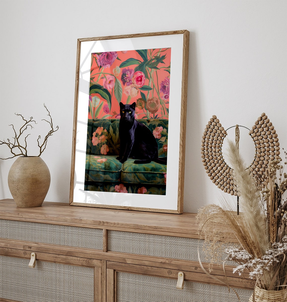 Black Panther Sitting on a Floral Couch Maximalist Animal Poster - Image 2