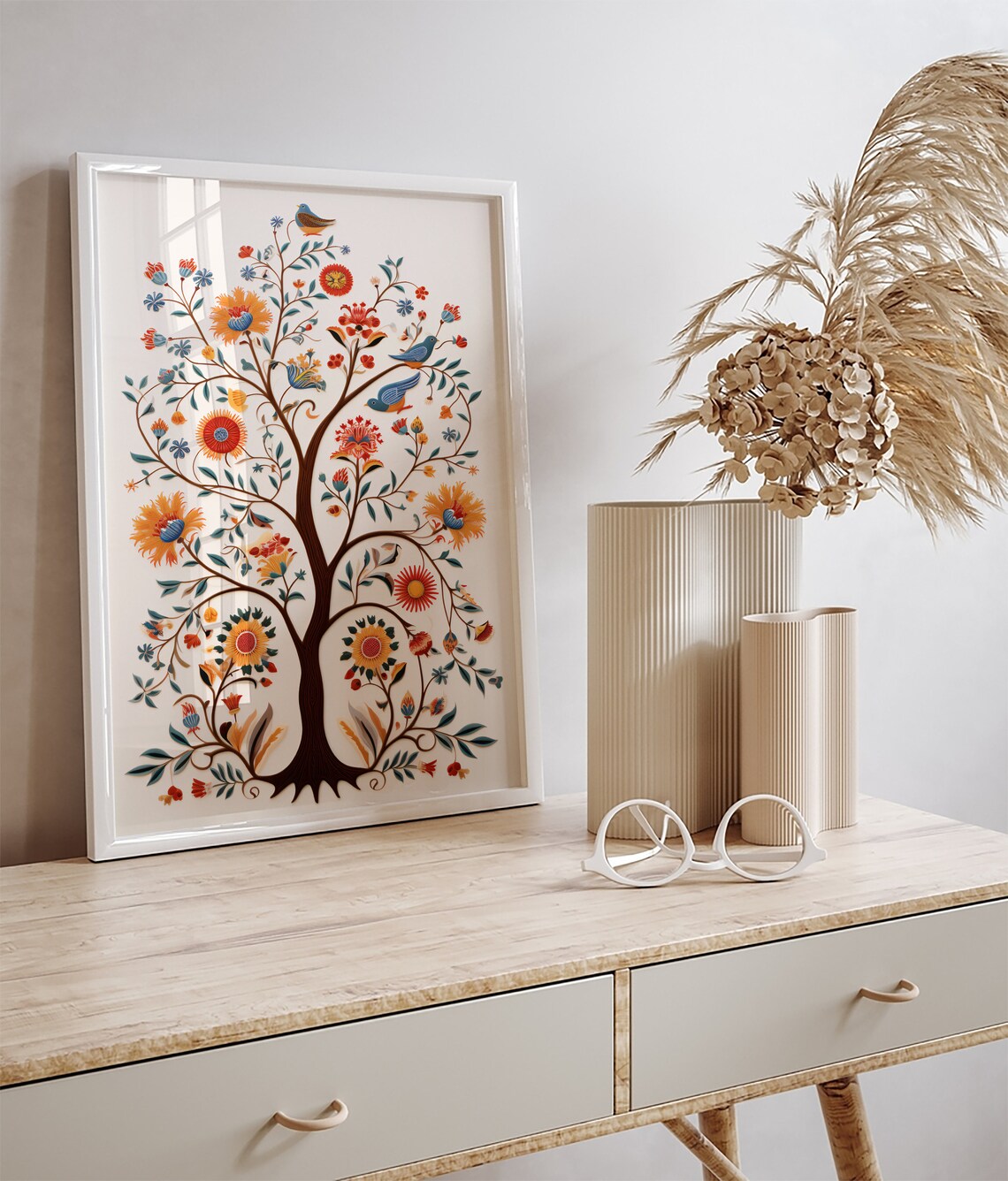 Folk Art Tree Of Life Blue Birds Orange Flowers Cream Wall Poster - Image 2