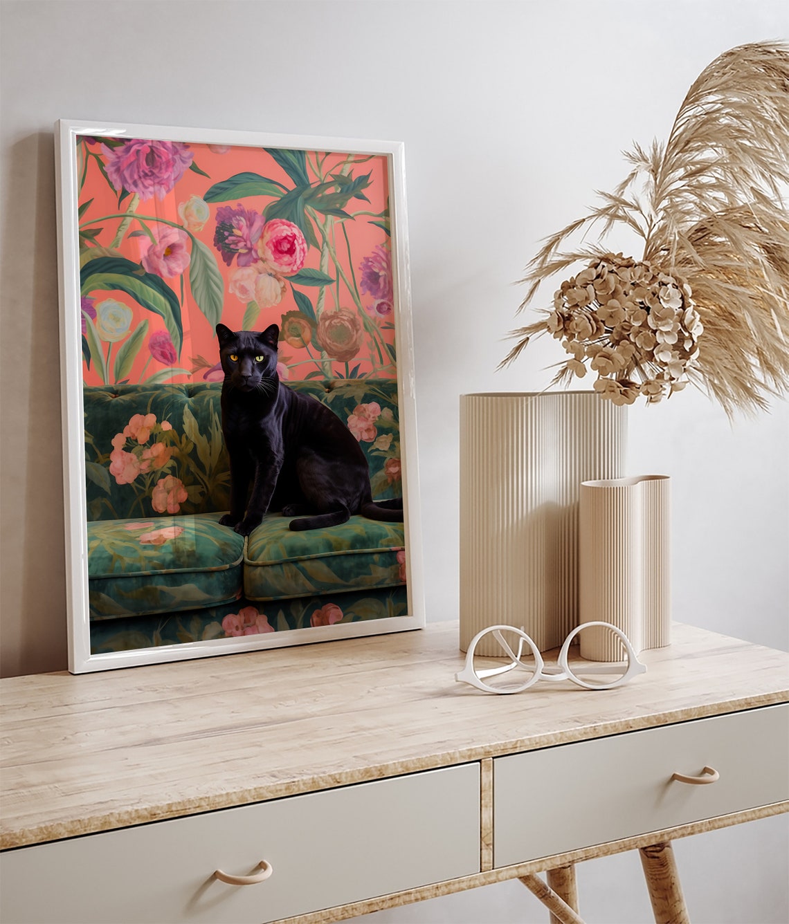 Black Panther Sitting on a Floral Couch Maximalist Animal Poster - Image 3