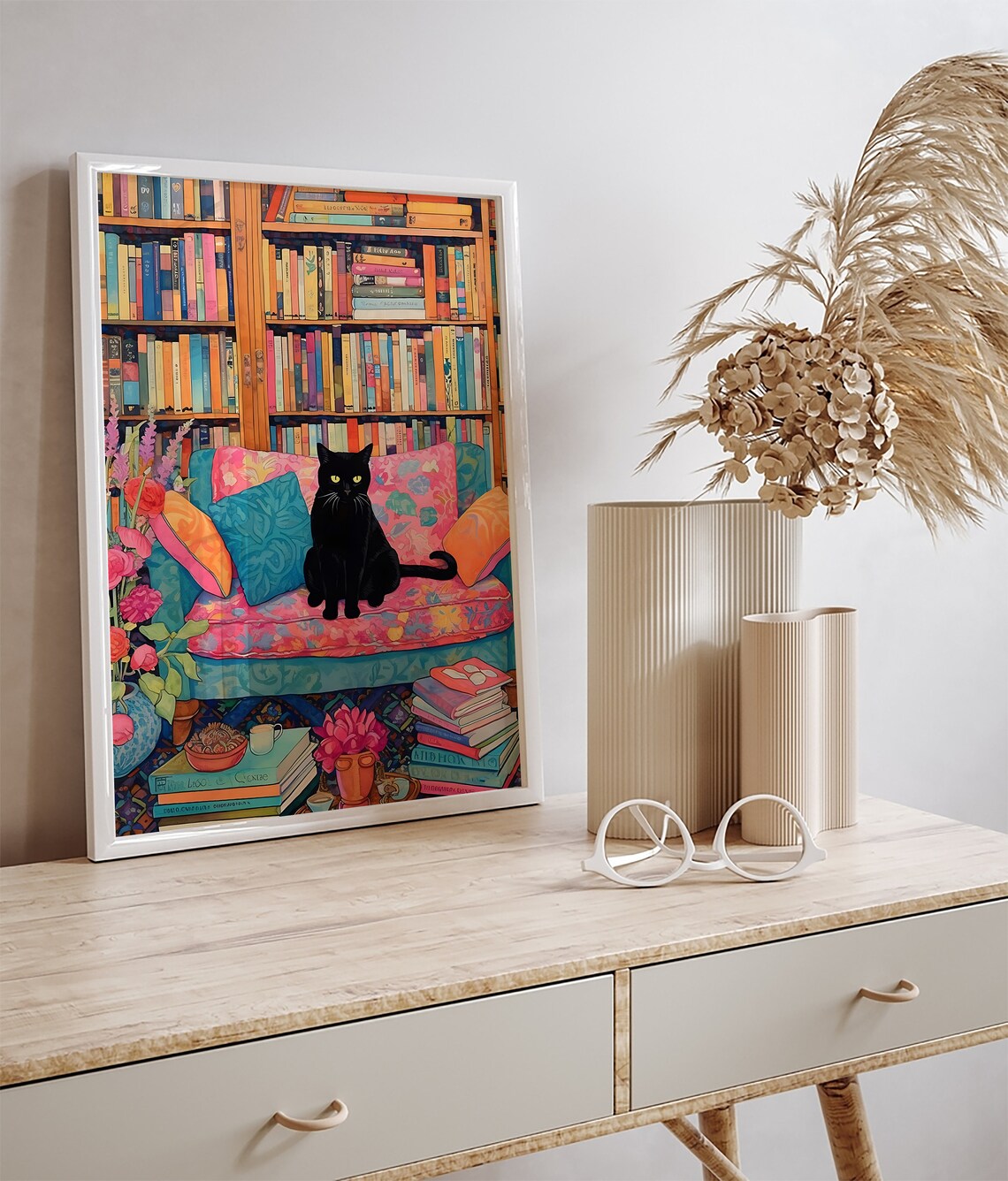 Black Cat in a Colorful Maximalist Library Full of Books Poster - Image 3